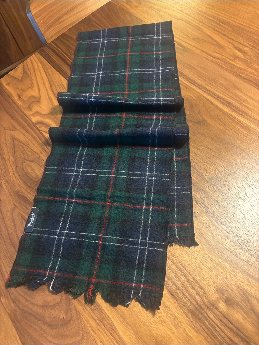 Woolrich Green and Navy Tartan Wool Scarf